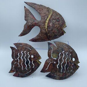 Set of 3 Vintage Metal Wall Hanging Fish Sculptures - Nautical Decor Handcrafted